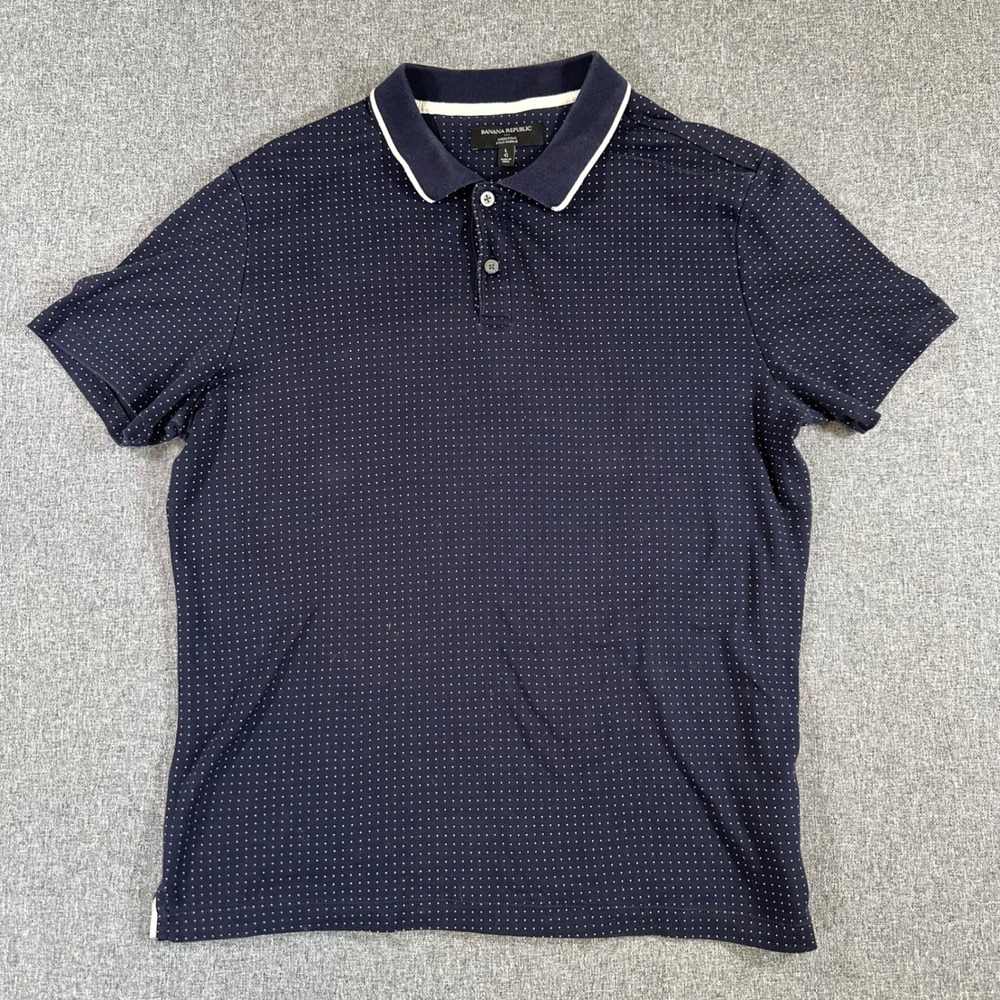 Banana Republic Dress Polo Mens Large Navy Blue Polka Dot Cotton Short Sleeve